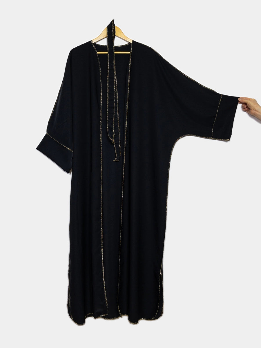 Black Silk and Gold Thread Open Front Abaya