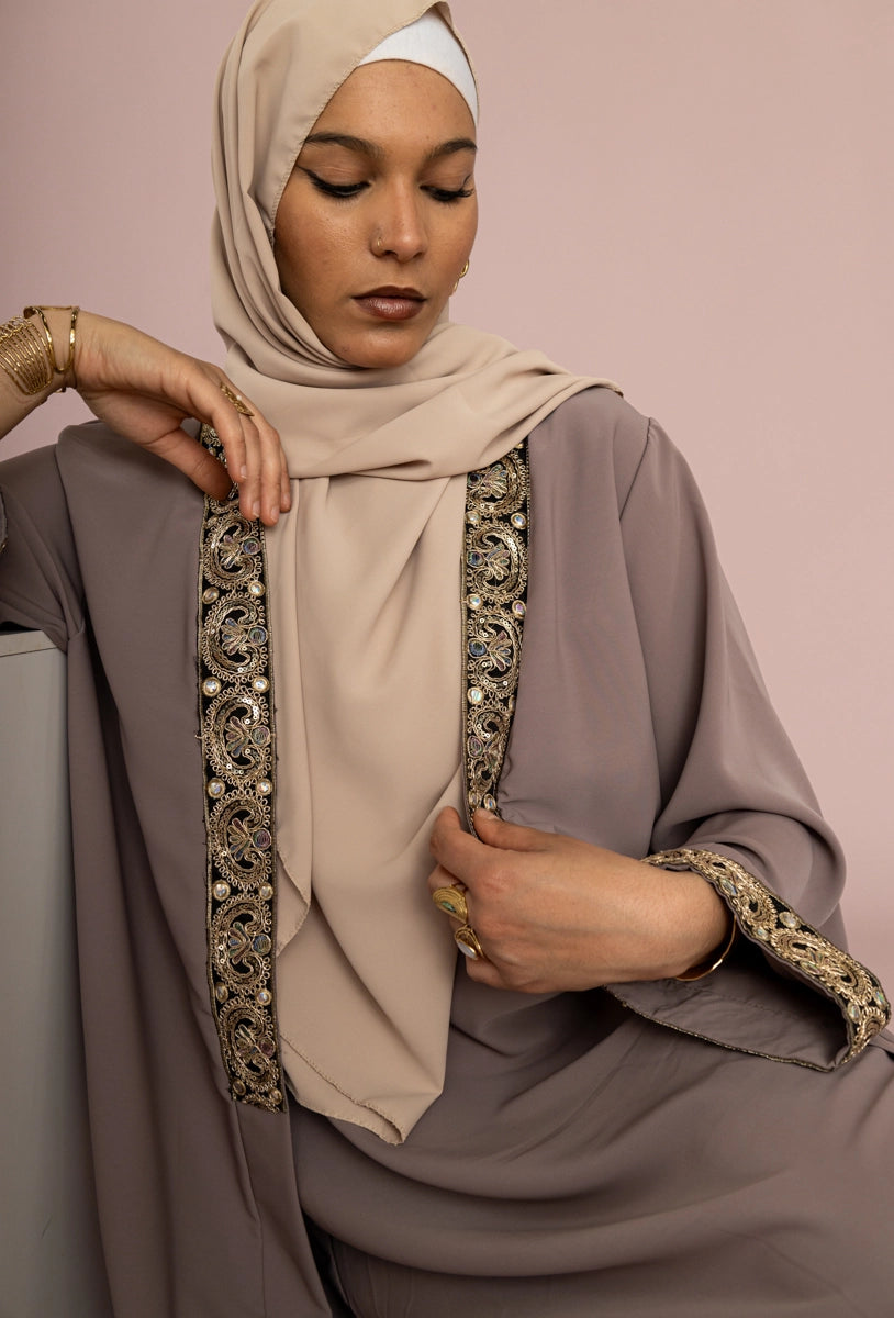 2 Pieces Embroidered Collar Medina Silk Open Front Abaya