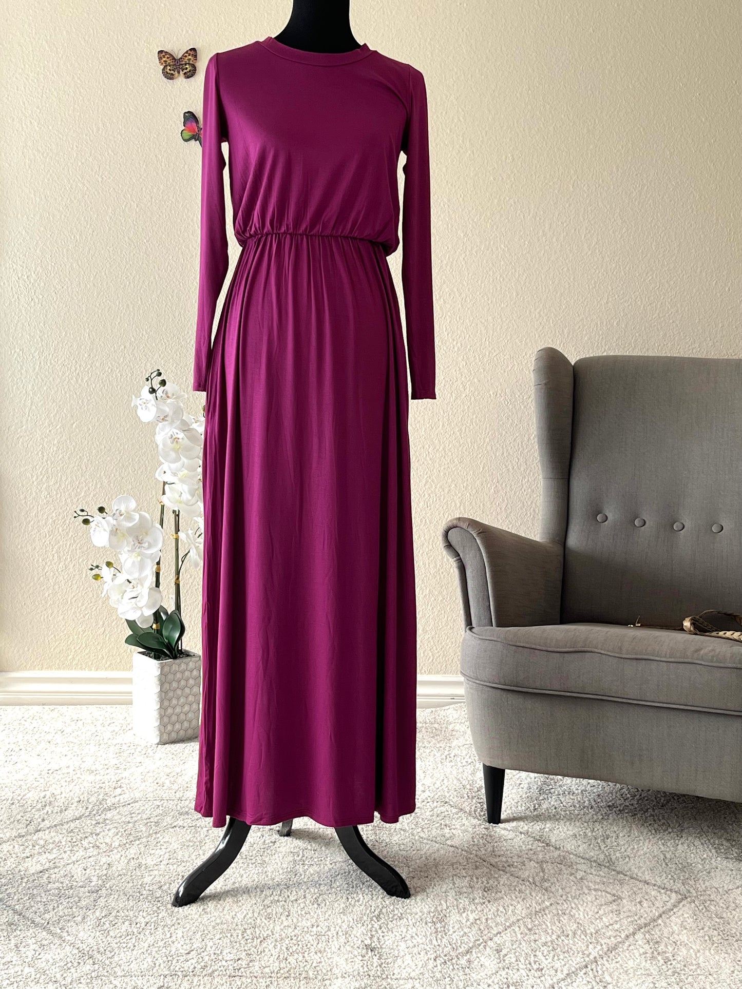 Magenta elastic waist dress with pockets - EmelBoutique