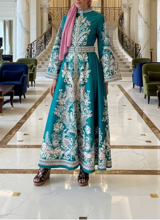 A woman standing in a room with a green and beige floral caftan dress, featuring long sleeves and a V-neckline.