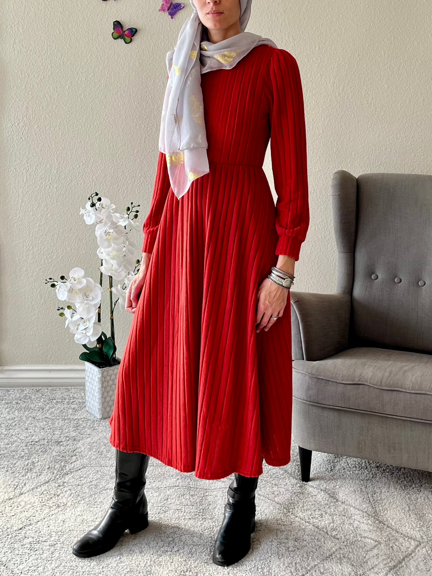 Ribbed Round Neck Long Sleeve Dress - EmelBoutique