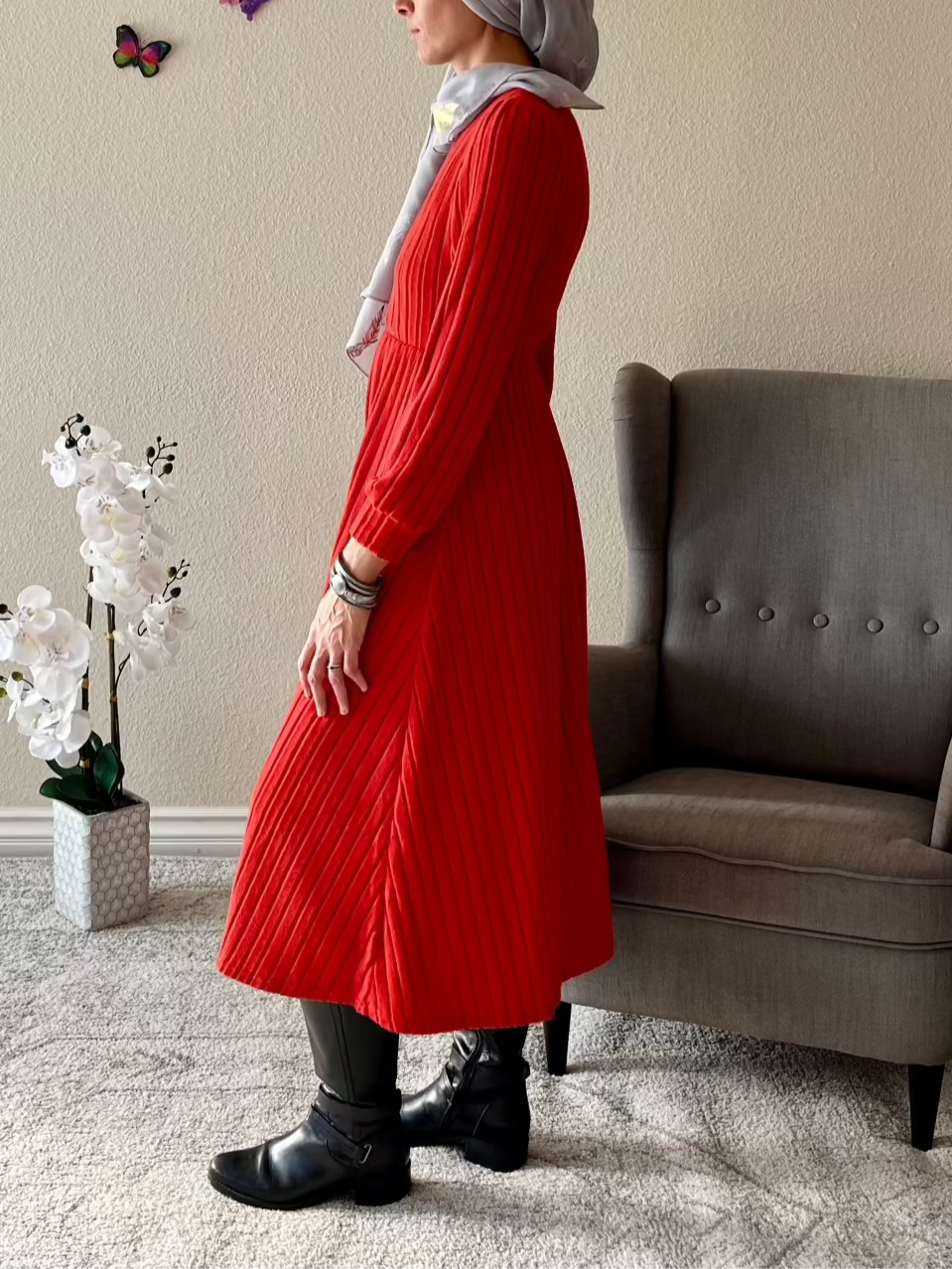 Ribbed Round Neck Long Sleeve Dress - EmelBoutique