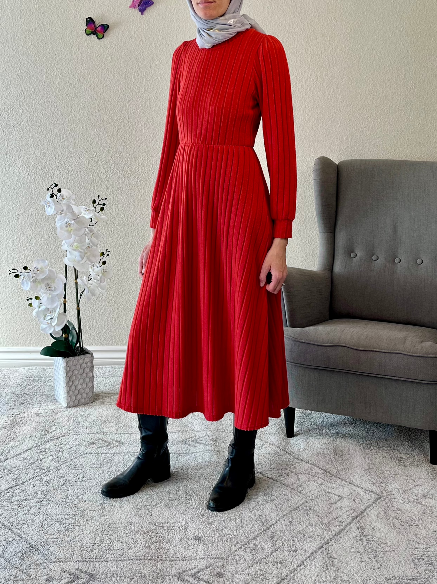 Ribbed Round Neck Long Sleeve Dress - EmelBoutique