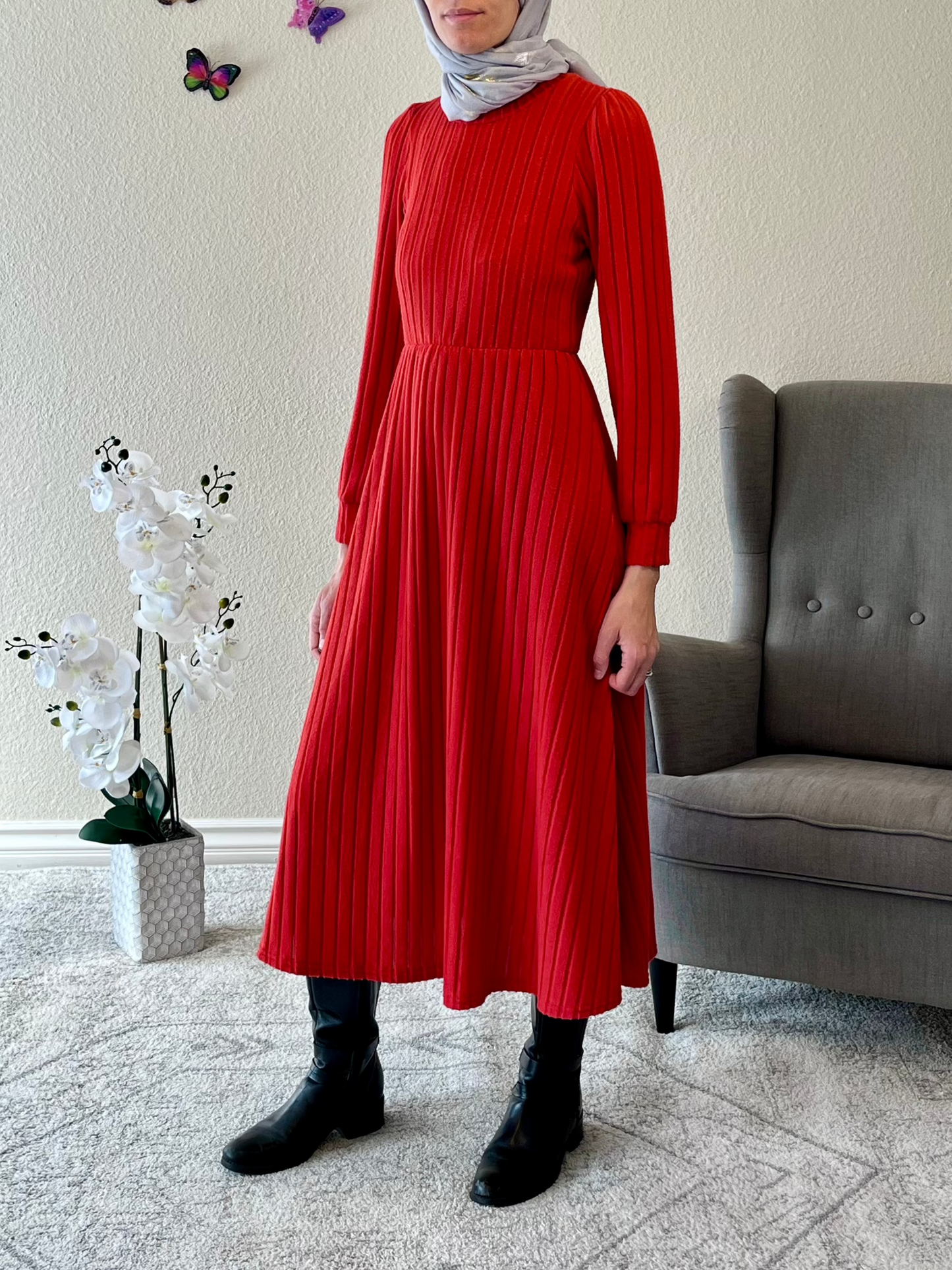 Ribbed Round Neck Long Sleeve Dress - EmelBoutique