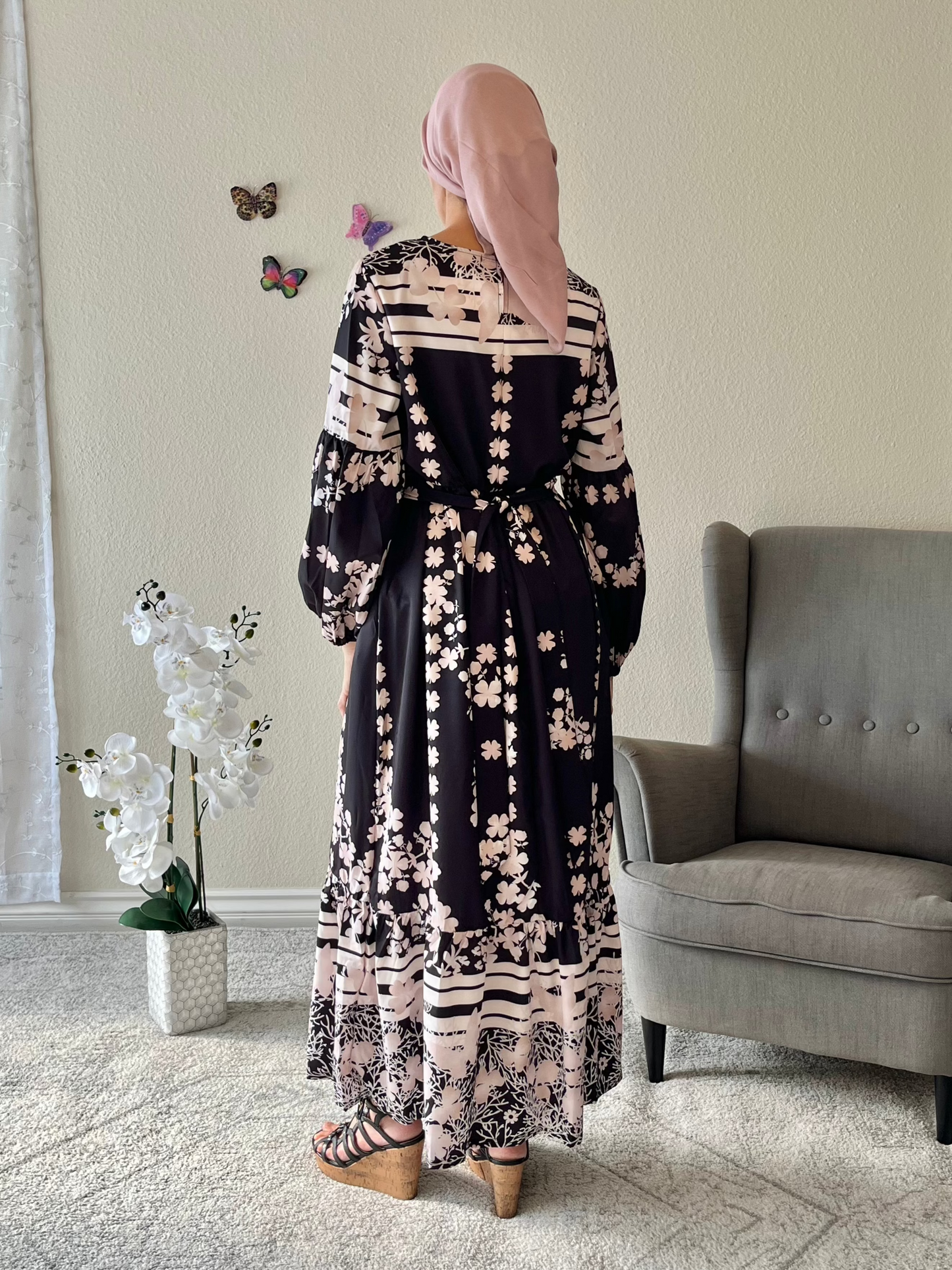 Printed Round Neck Long Sleeve Maxi Dress with Pockets - EmelBoutique
