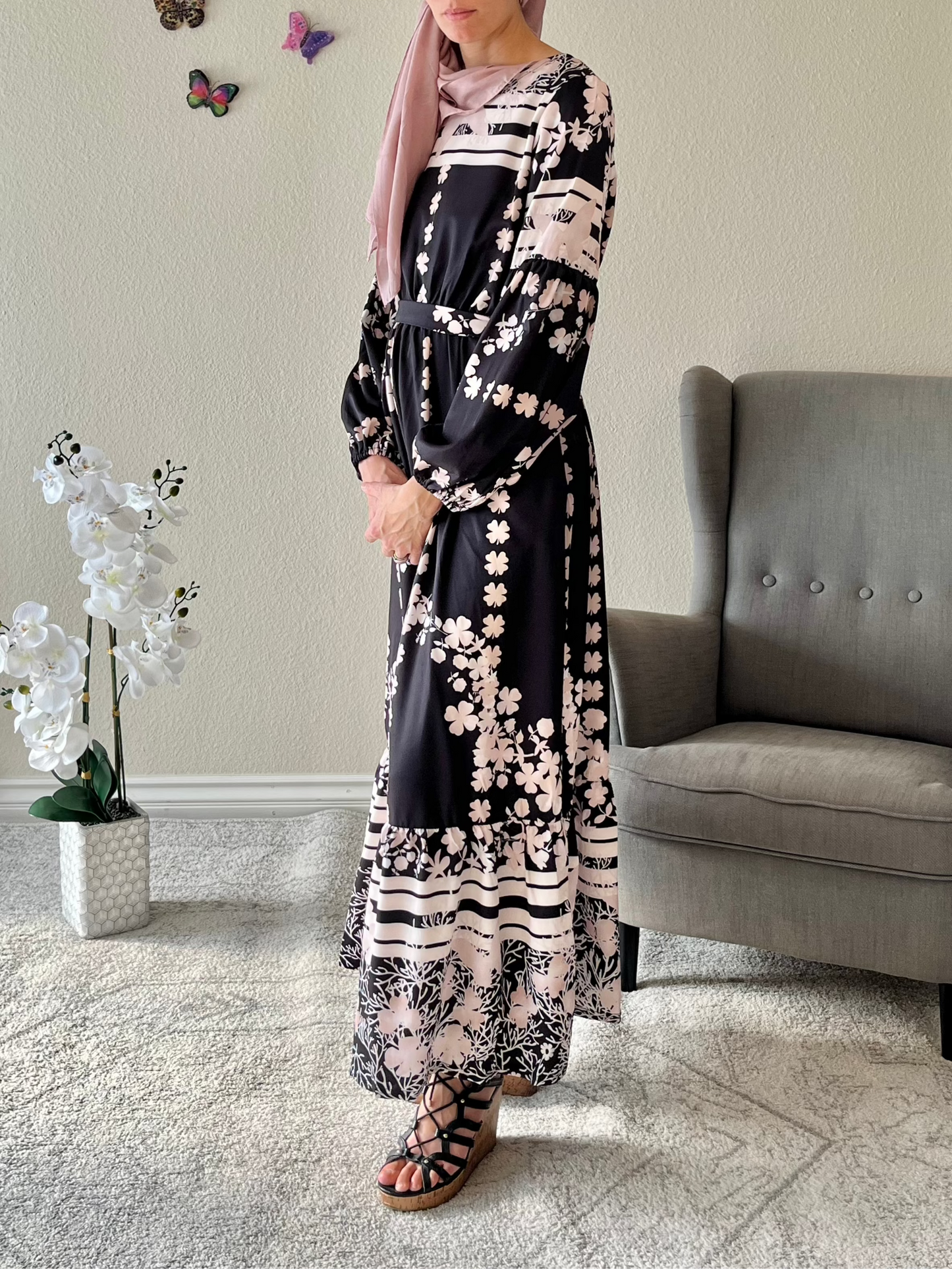 Printed Round Neck Long Sleeve Maxi Dress with Pockets - EmelBoutique