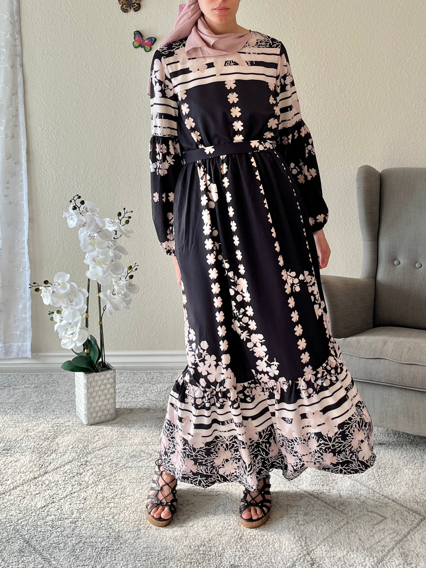 Printed Round Neck Long Sleeve Maxi Dress with Pockets - EmelBoutique