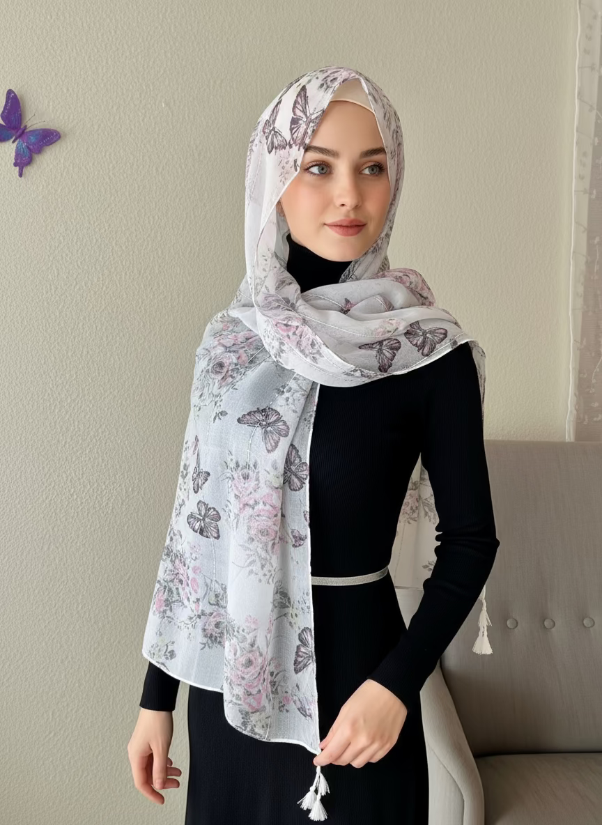 Butterfly and Flowers Hijab - EmelBoutique