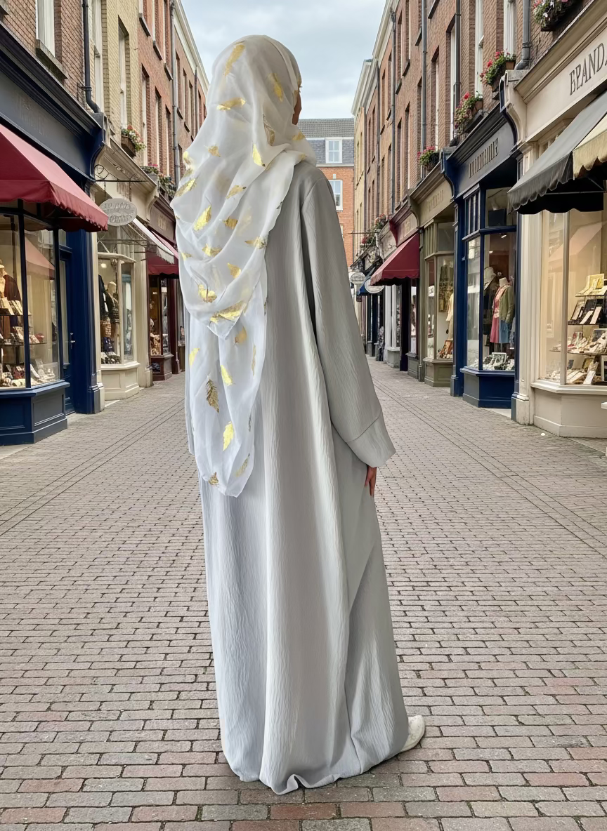 Person wearing a long, light gray dress with a sheer overlay in a room with a gray armchair and decorative elements.