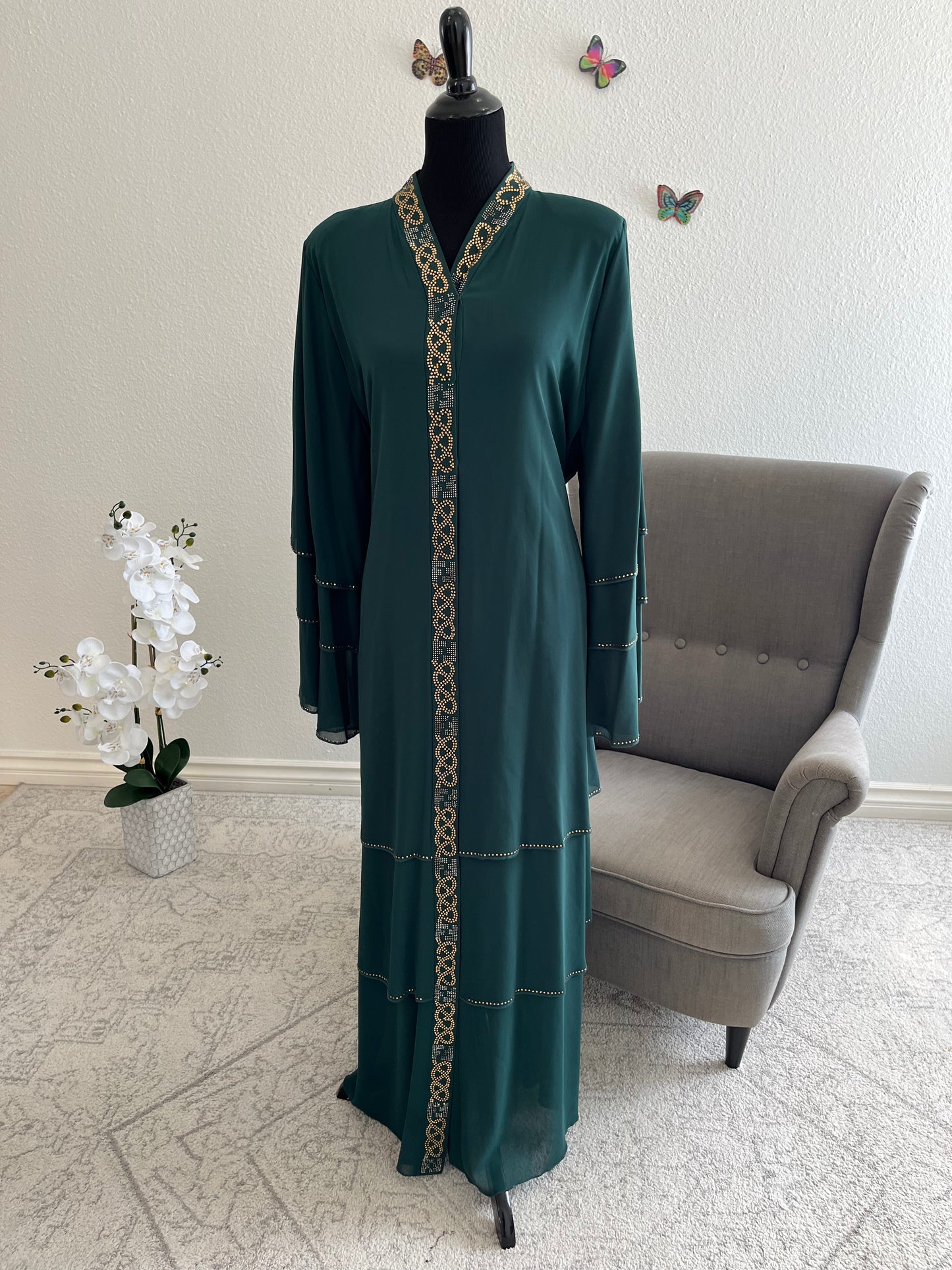 Emerald Glow Layered Abaya With Hijab