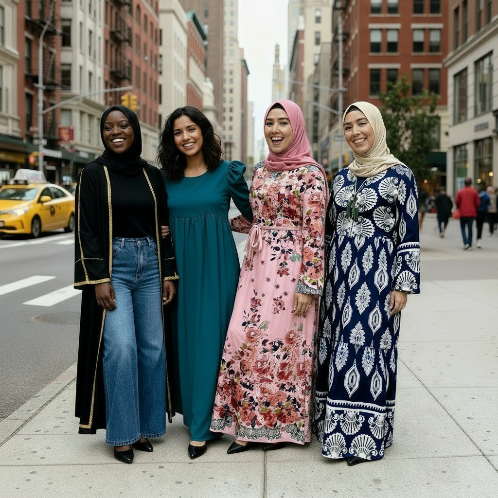 Four women posing together on a city street with a taxi in the background