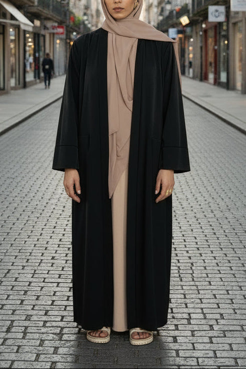 Black Silk Open Front Abaya