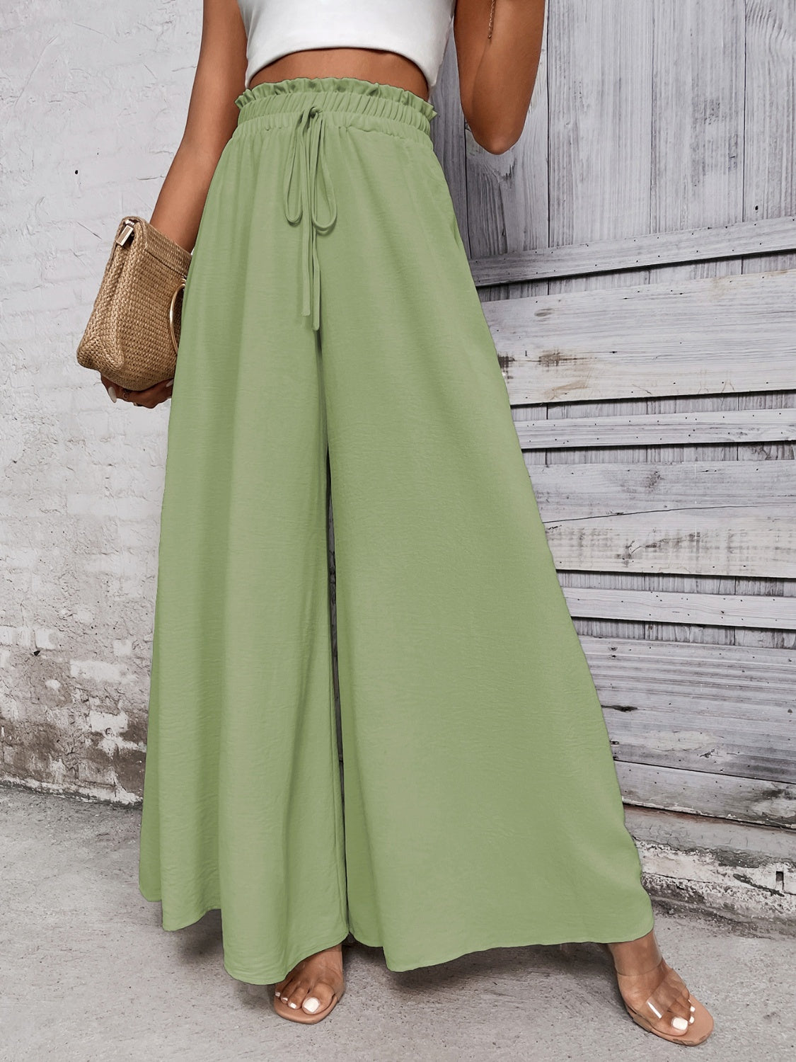 Honey Tied High Waist Wide Leg Pants green