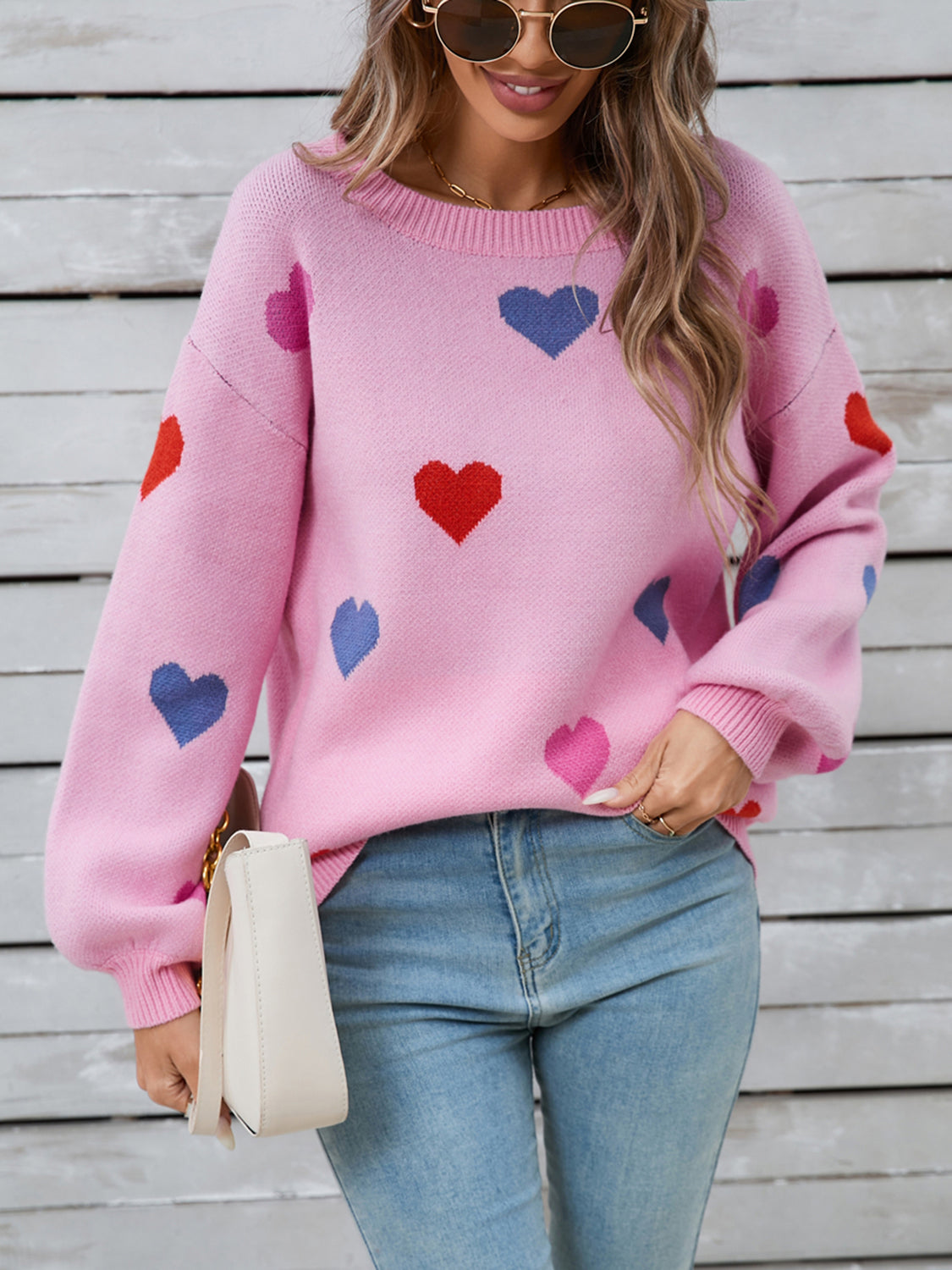 Heart Round Neck Long Sleeve Sweater pink