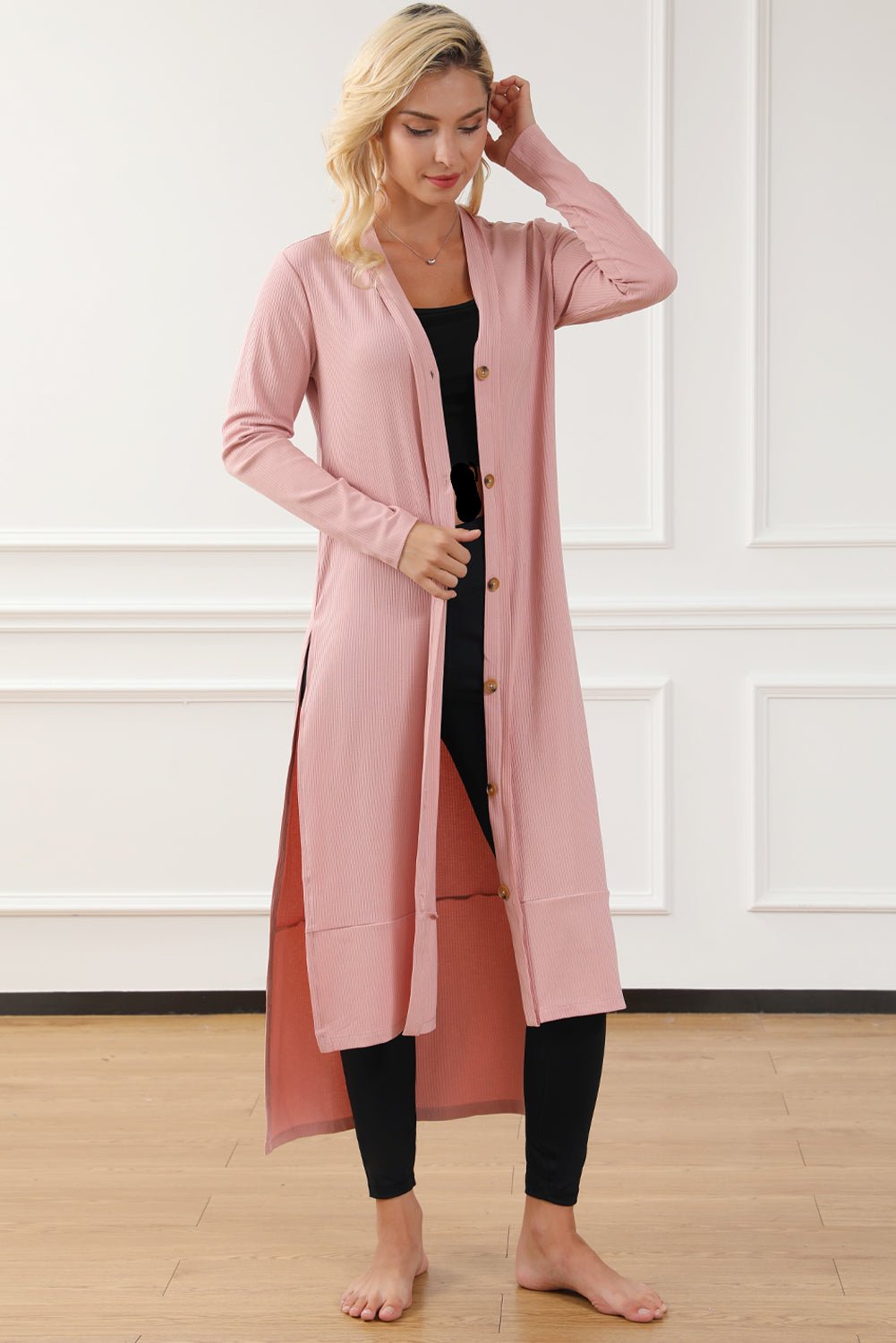 Button Up High-Low Long Sleeve Slit Cardigan front