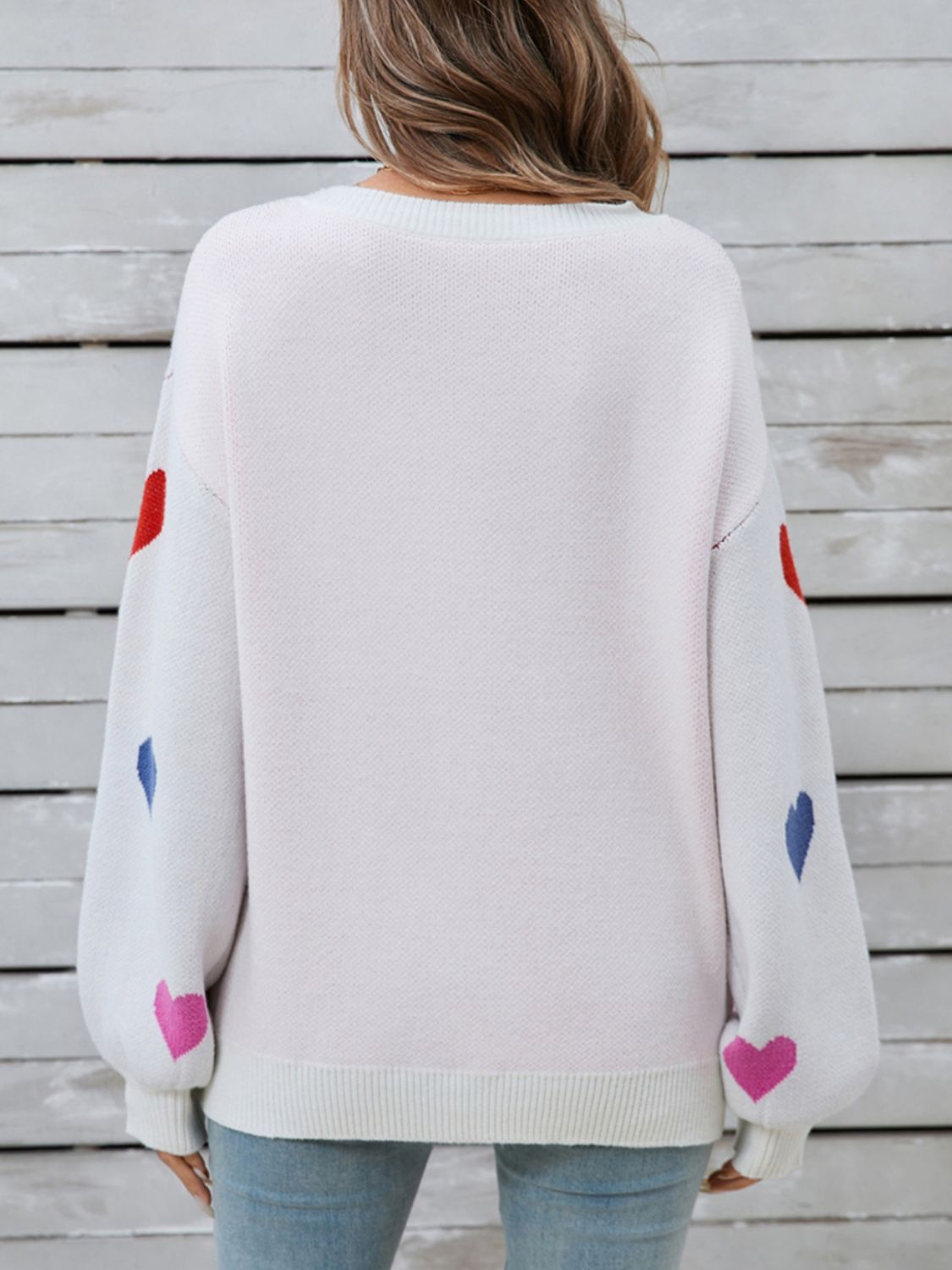 Heart Round Neck Long Sleeve Sweater white back