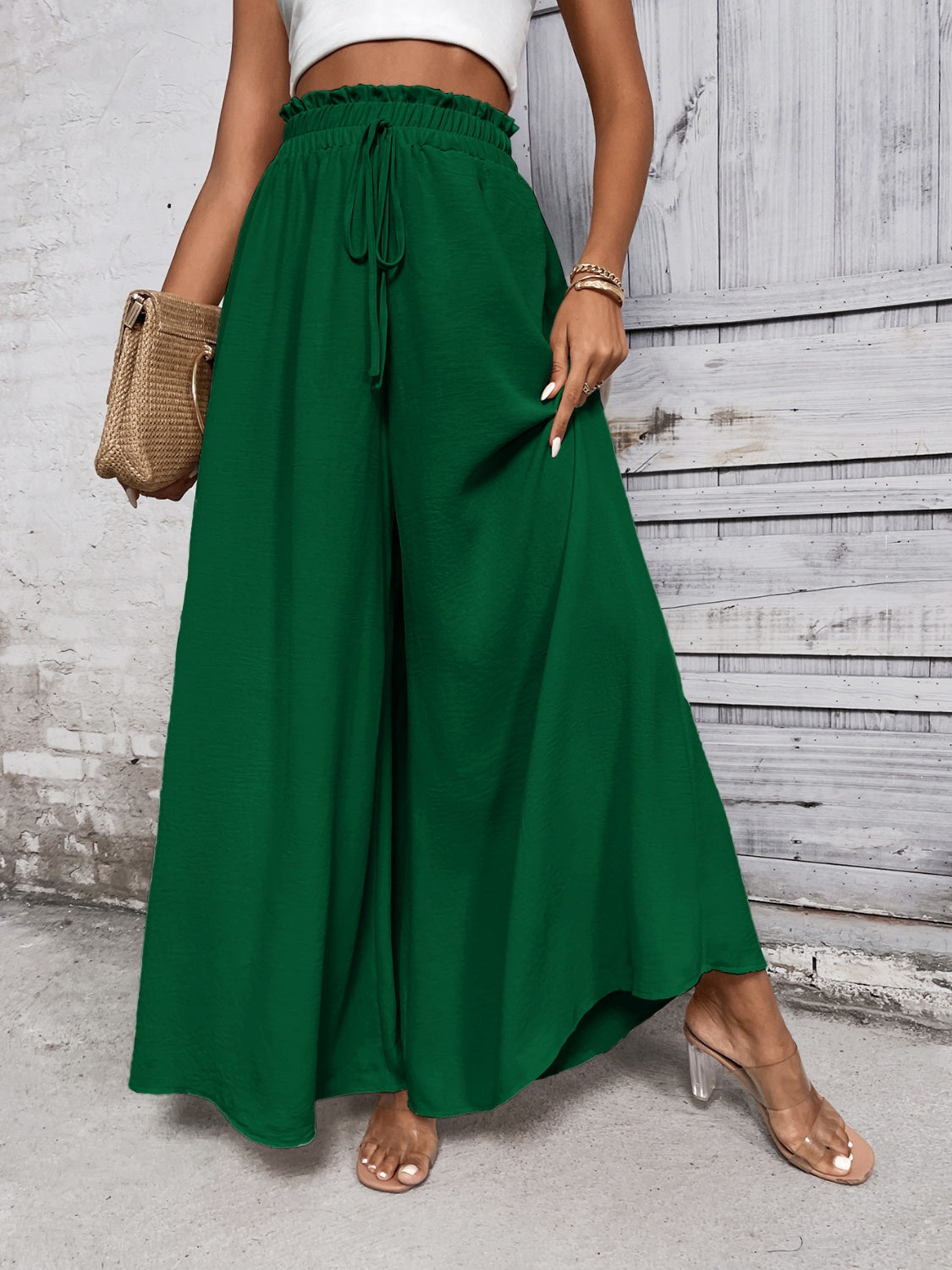 Honey Tied High Waist Wide Leg Pants darker green