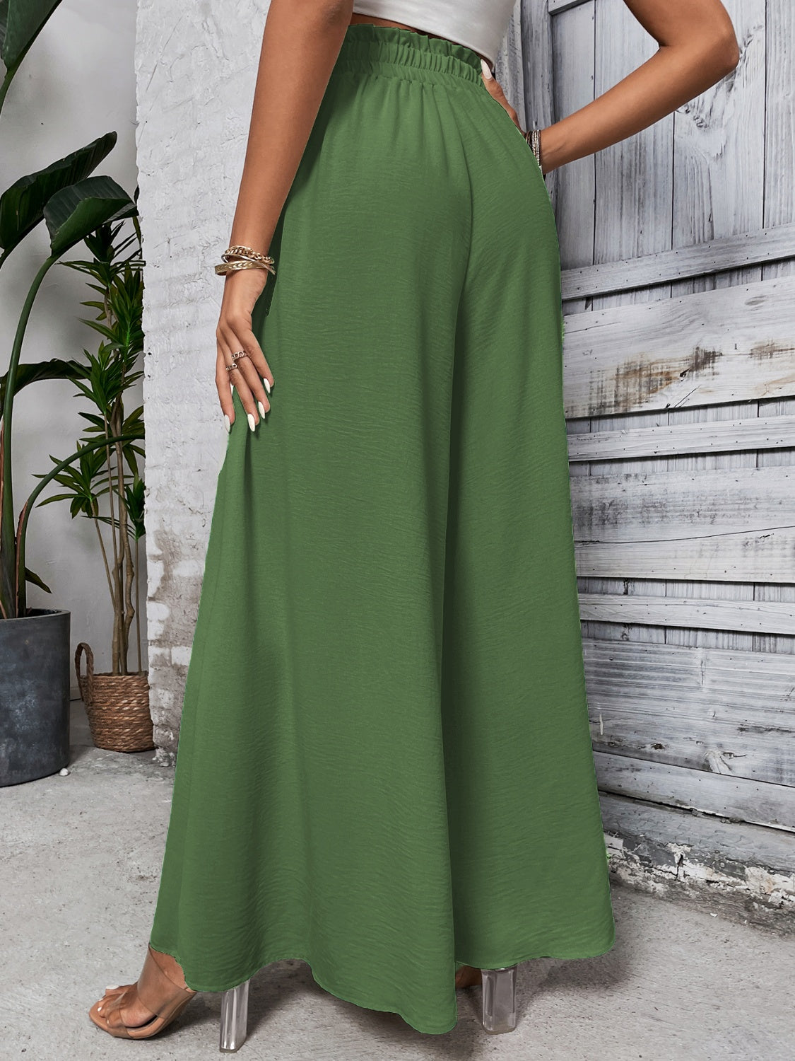 Honey Tied High Waist Wide Leg Pants dark green