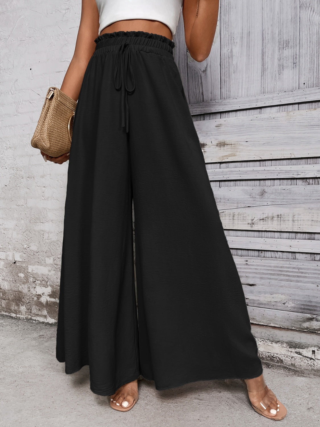 Honey Tied High Waist Wide Leg Pants black front