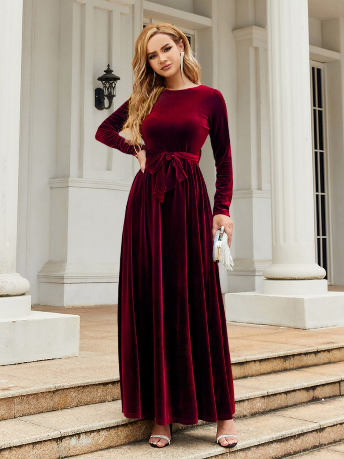 Tie Front Round Neck Long Sleeve Maxi Dress front