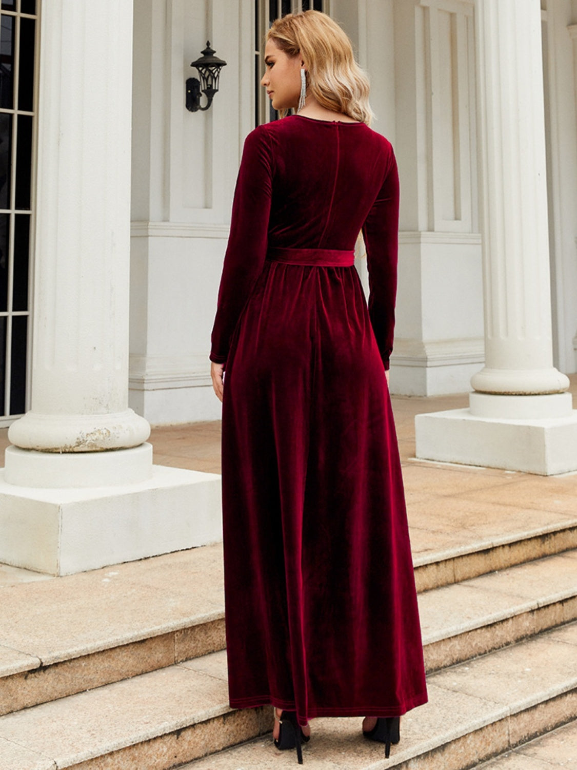 Tie Front Round Neck Long Sleeve Maxi Dress back