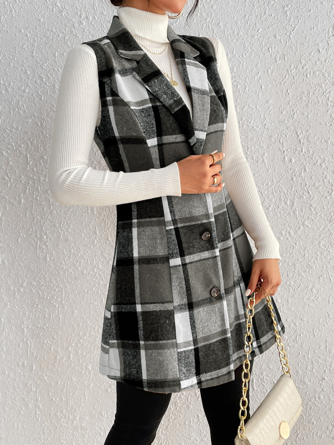 Honey Plaid Button Up Vest Coat side