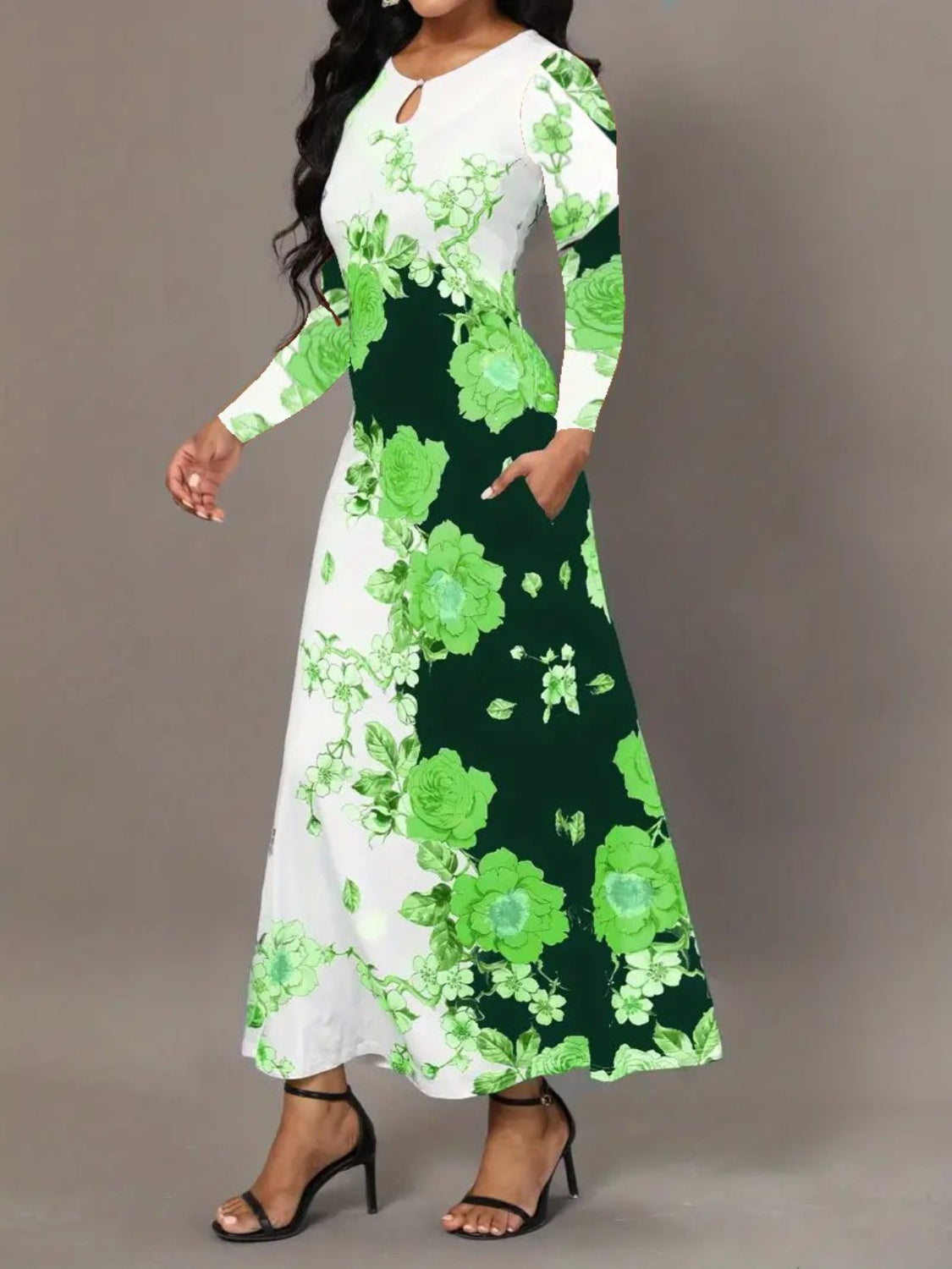 Pocketed Printed Long Sleeve Dress green