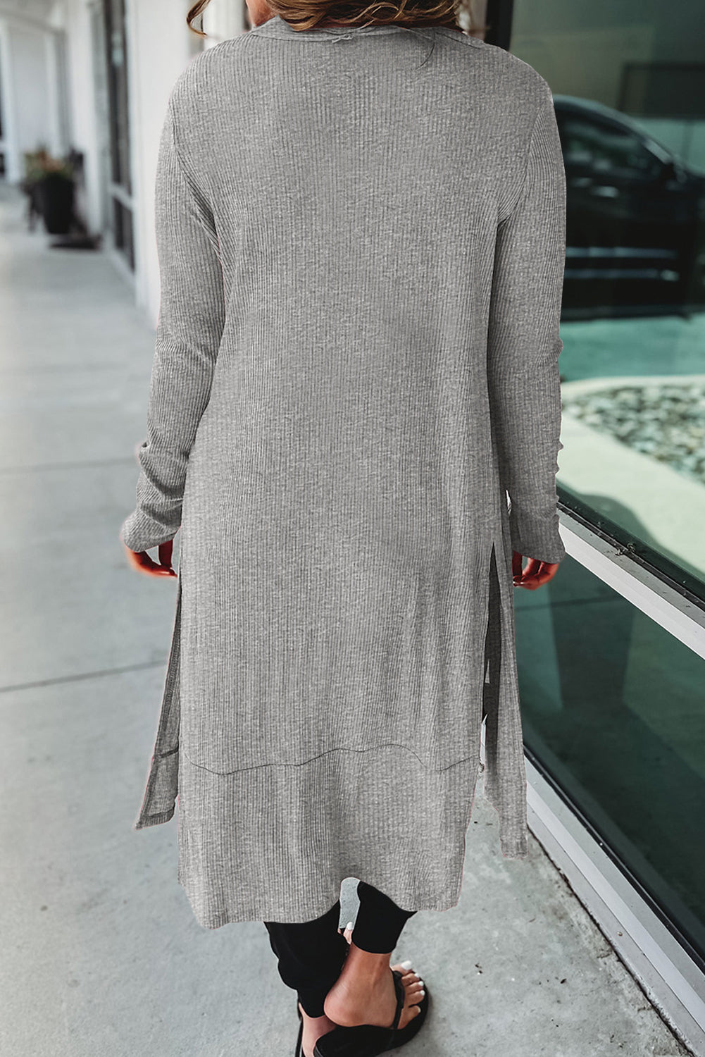 Button Up High-Low Long Sleeve Slit Cardigan grey