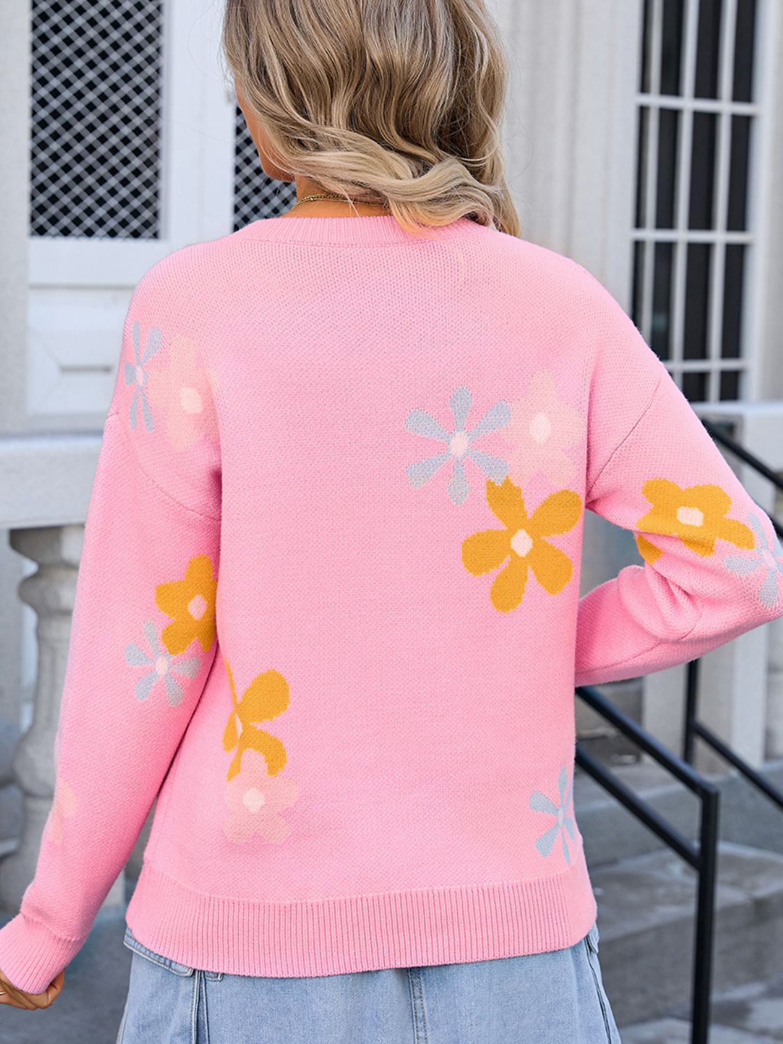 Flower Round Neck Dropped Shoulder Sweater back