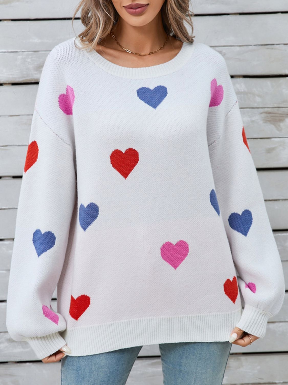 Heart Round Neck Long Sleeve Sweater white 