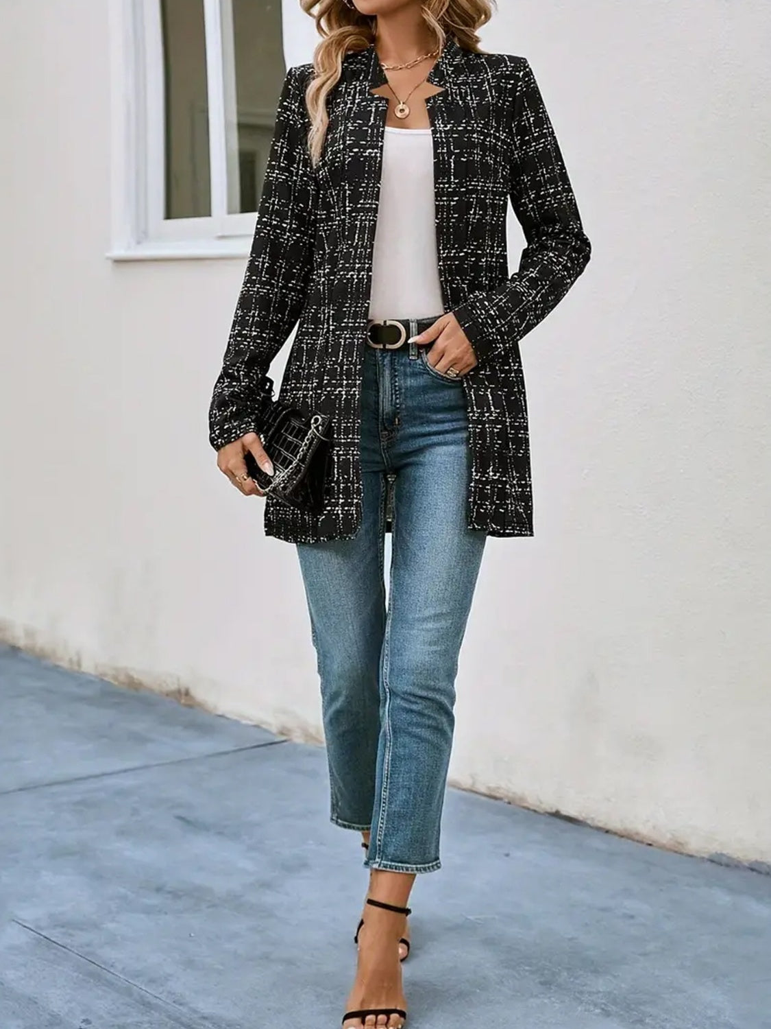 Plaid Open Front Long Sleeve Blazer - EmelBoutique