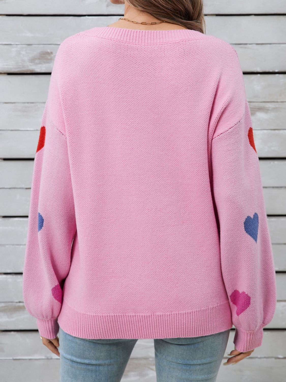 Heart Round Neck Long Sleeve Sweater back