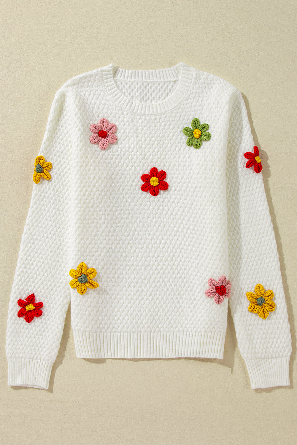 Crochet Flower Round Neck Long Sleeve Sweater all