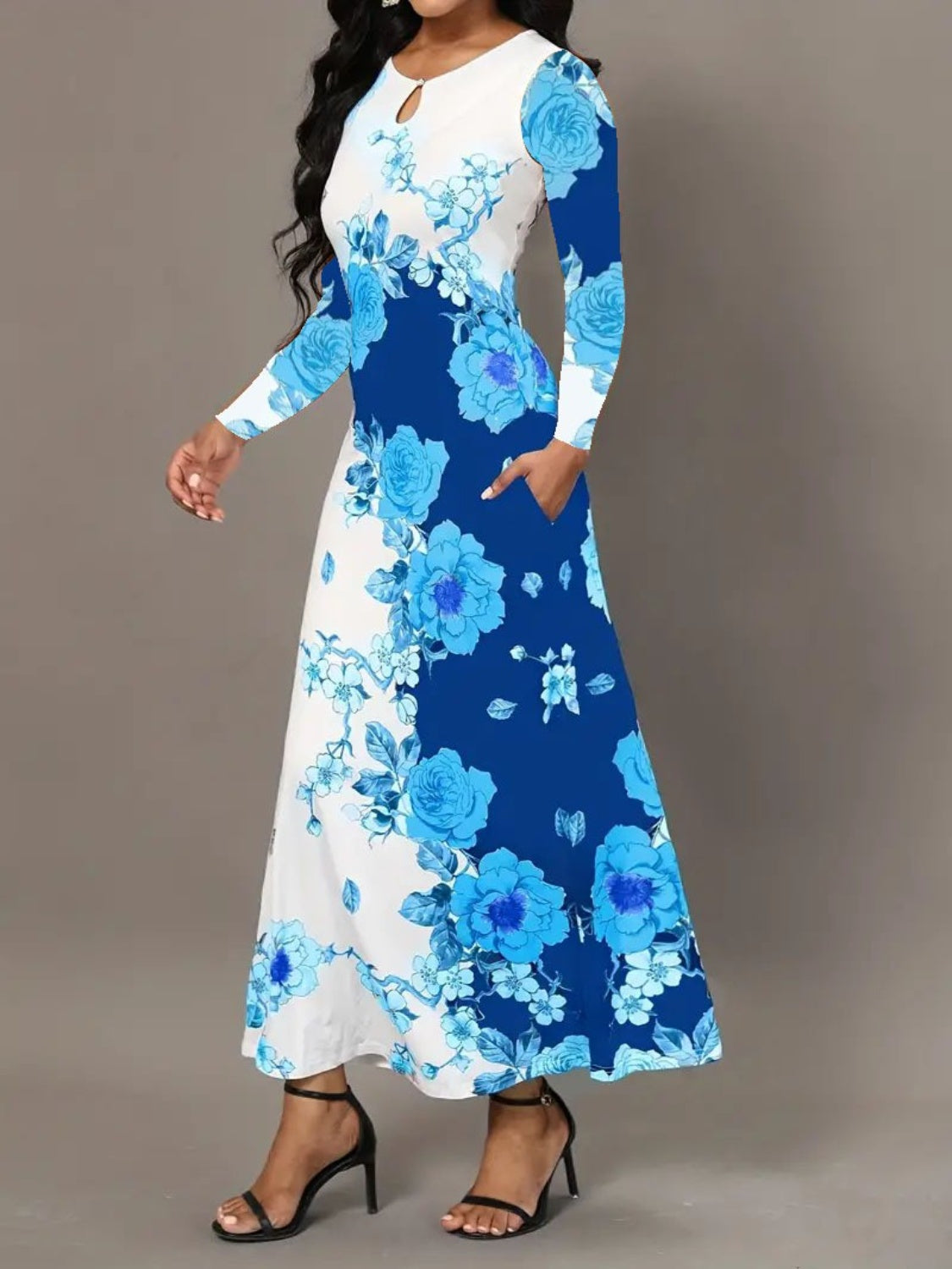 Pocketed Printed Long Sleeve Dress blue