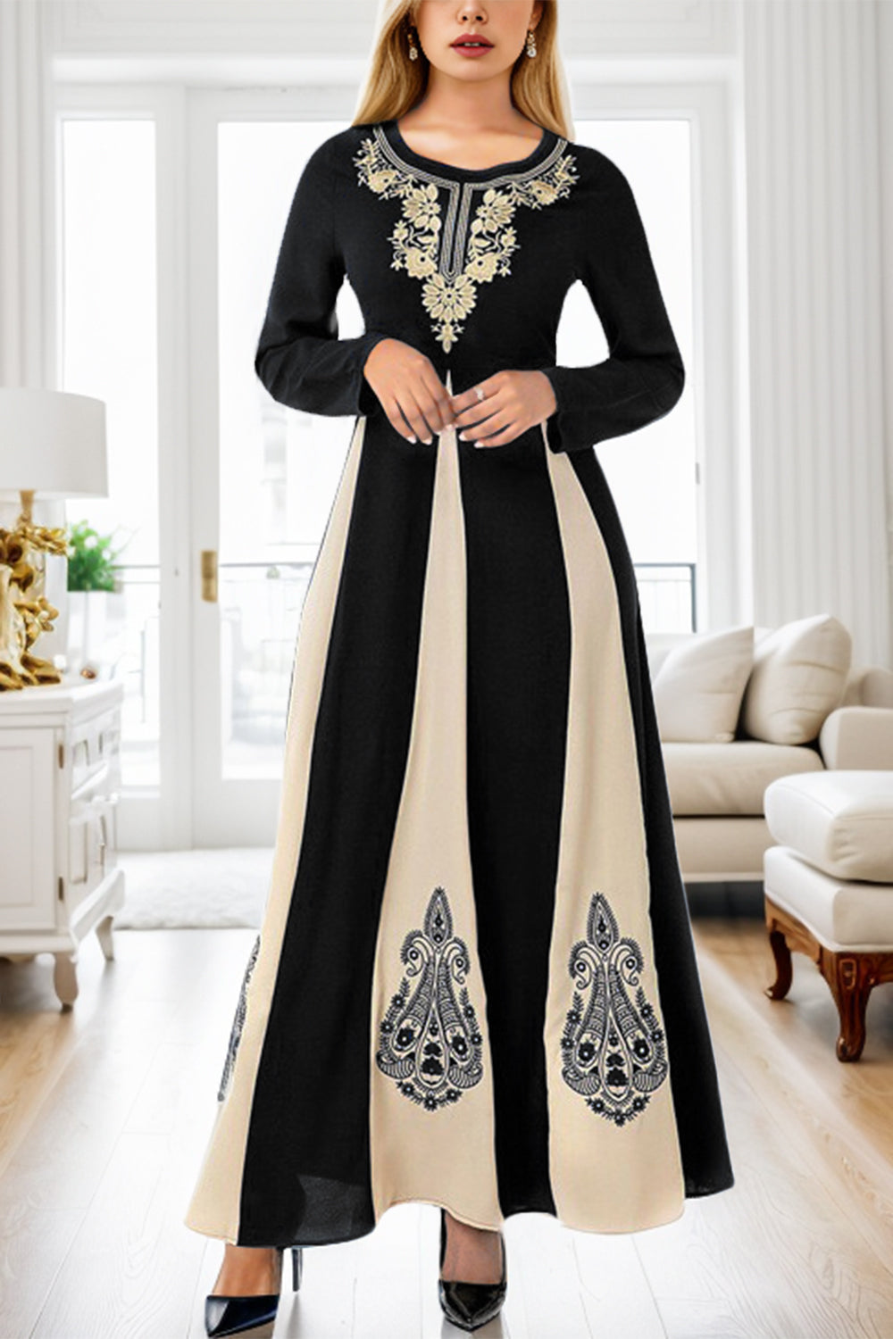 Printed Round Neck Long Sleeve Maxi Dress black front