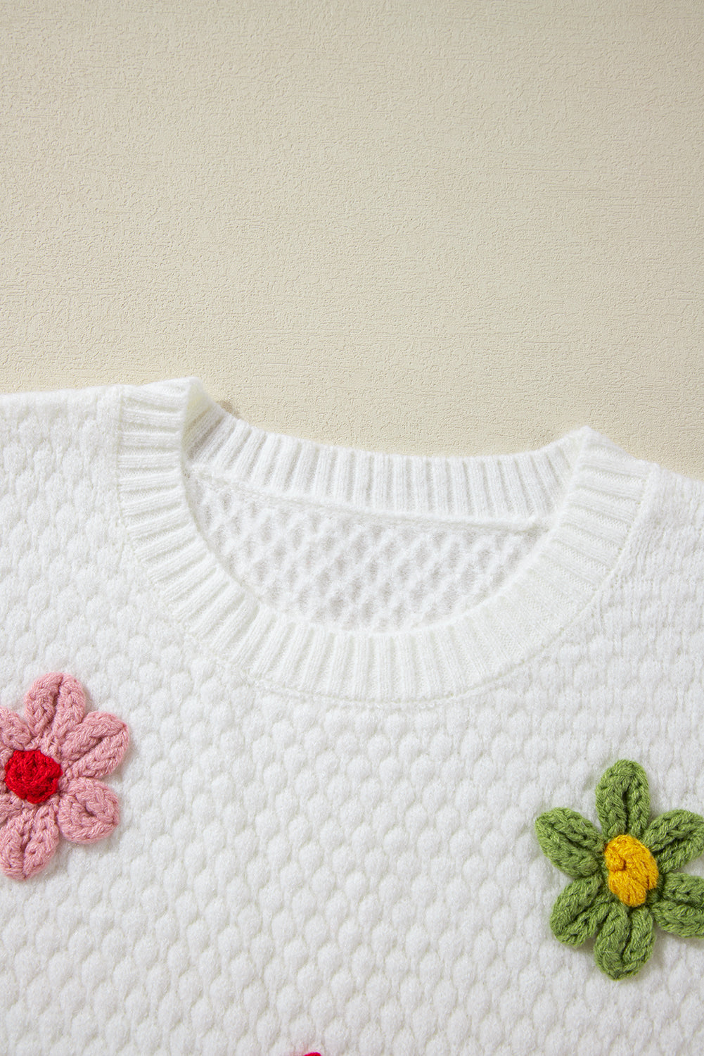 Crochet Flower Round Neck Long Sleeve Sweater neck