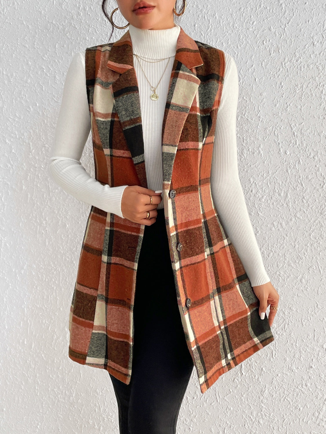 Honey Plaid Button Up Vest Coat orange