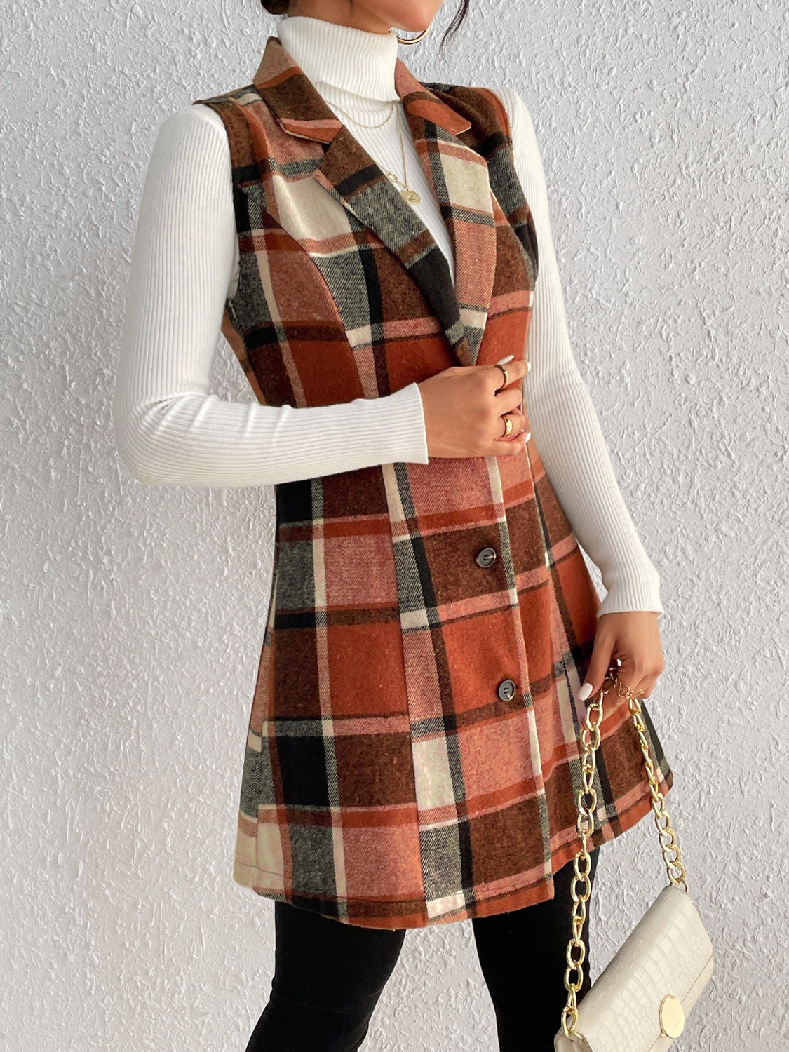 Honey Plaid Button Up Vest Coat orange side