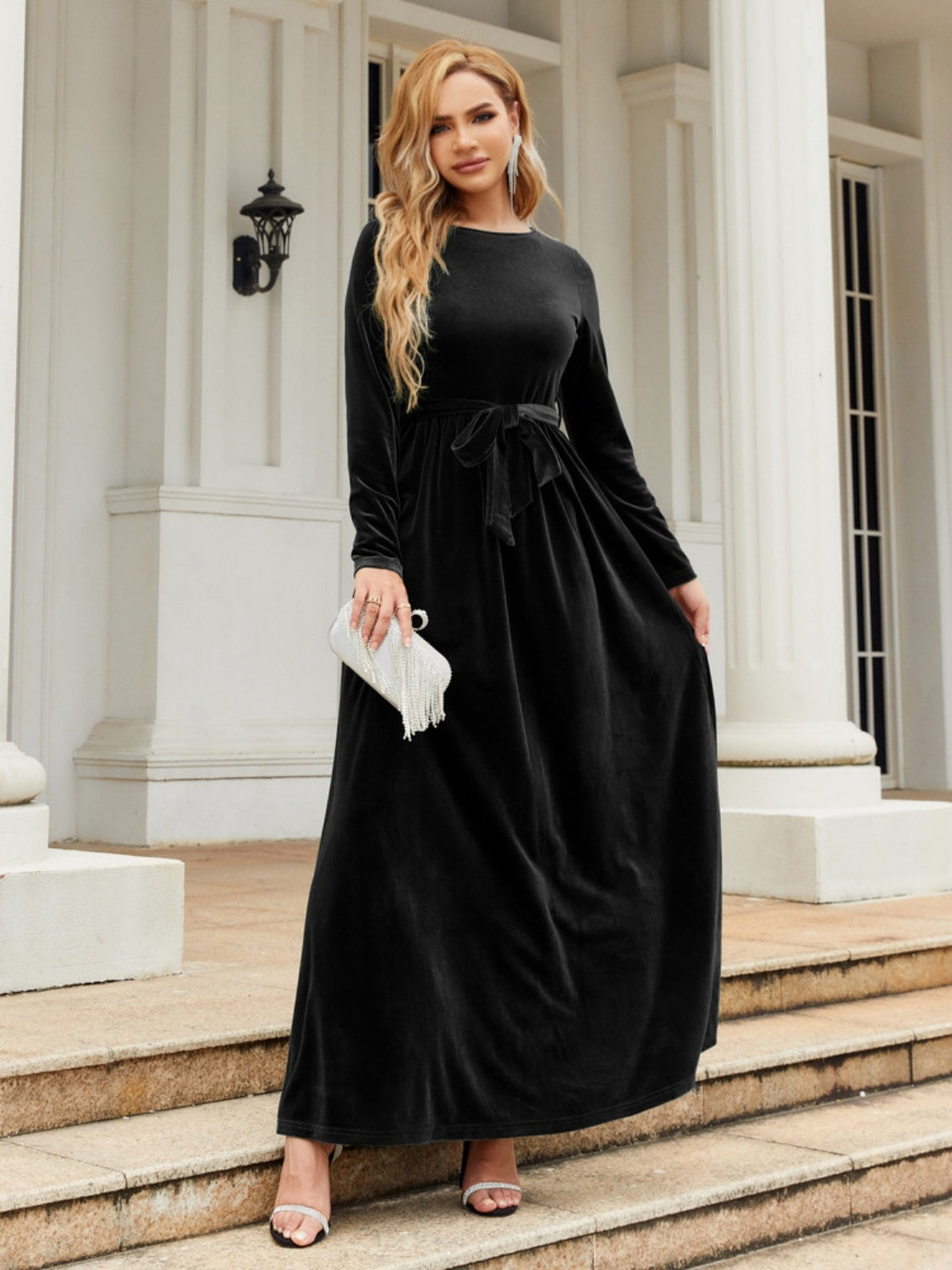 Tie Front Round Neck Long Sleeve Maxi Dress black