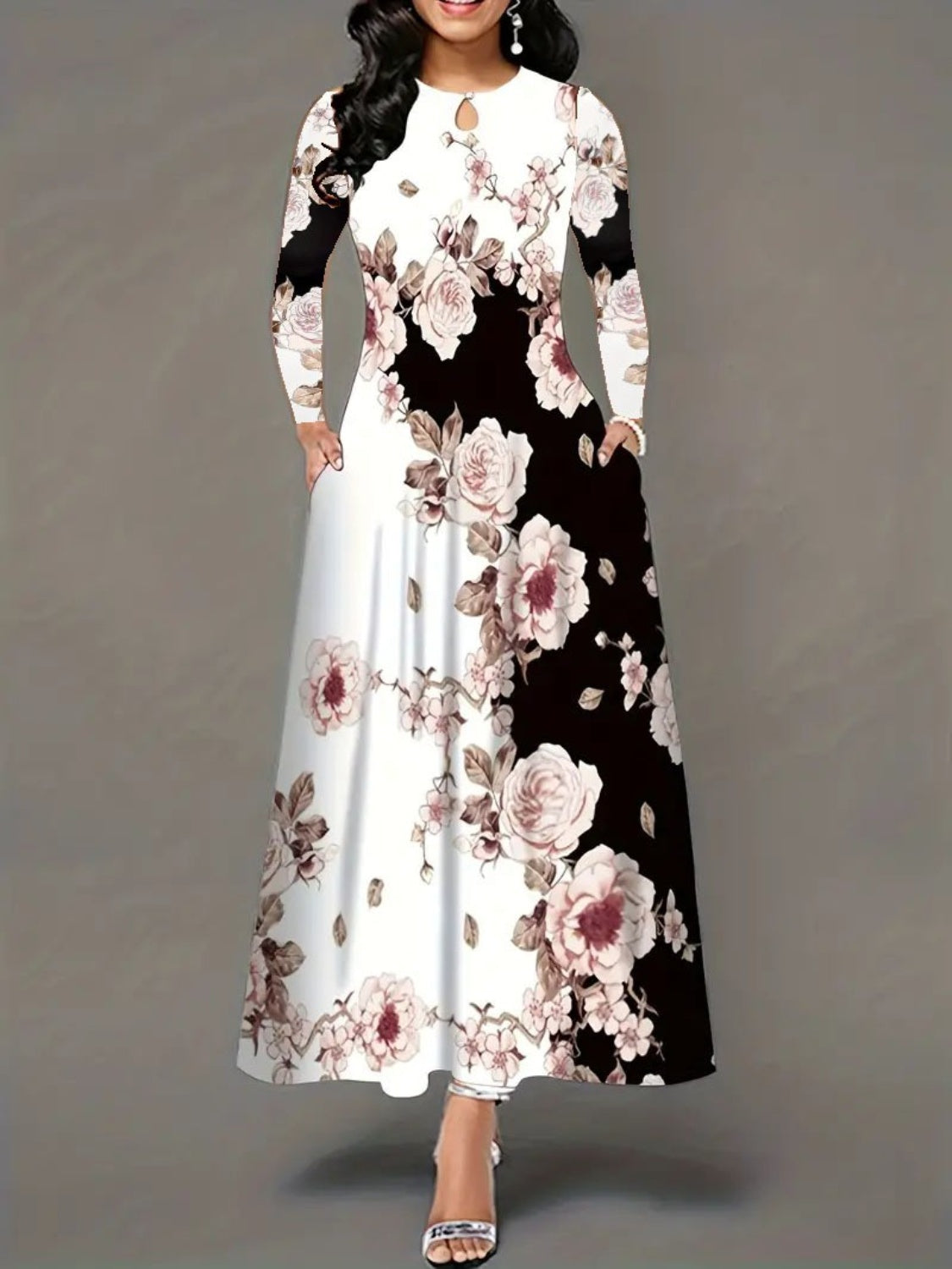 Pocketed Printed Long Sleeve Dress front