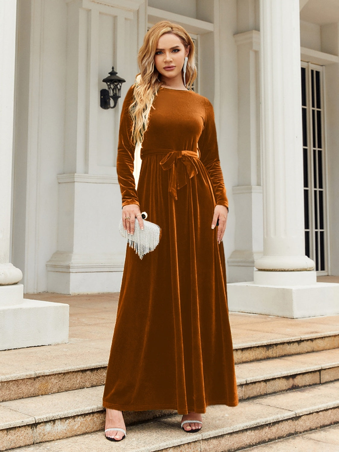 Tie Front Round Neck Long Sleeve Maxi Dress orange