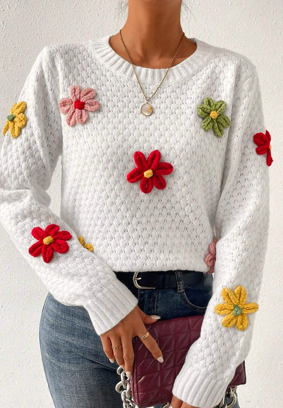 Crochet Flower Round Neck Long Sleeve Sweater front