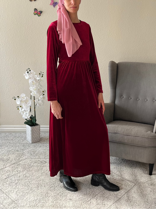 Velvet Round Neck Long Sleeve Maxi Dress - EmelBoutique