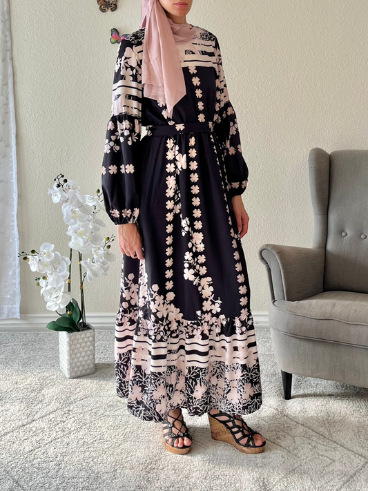 Printed Round Neck Long Sleeve Maxi Dress with Pockets - EmelBoutique