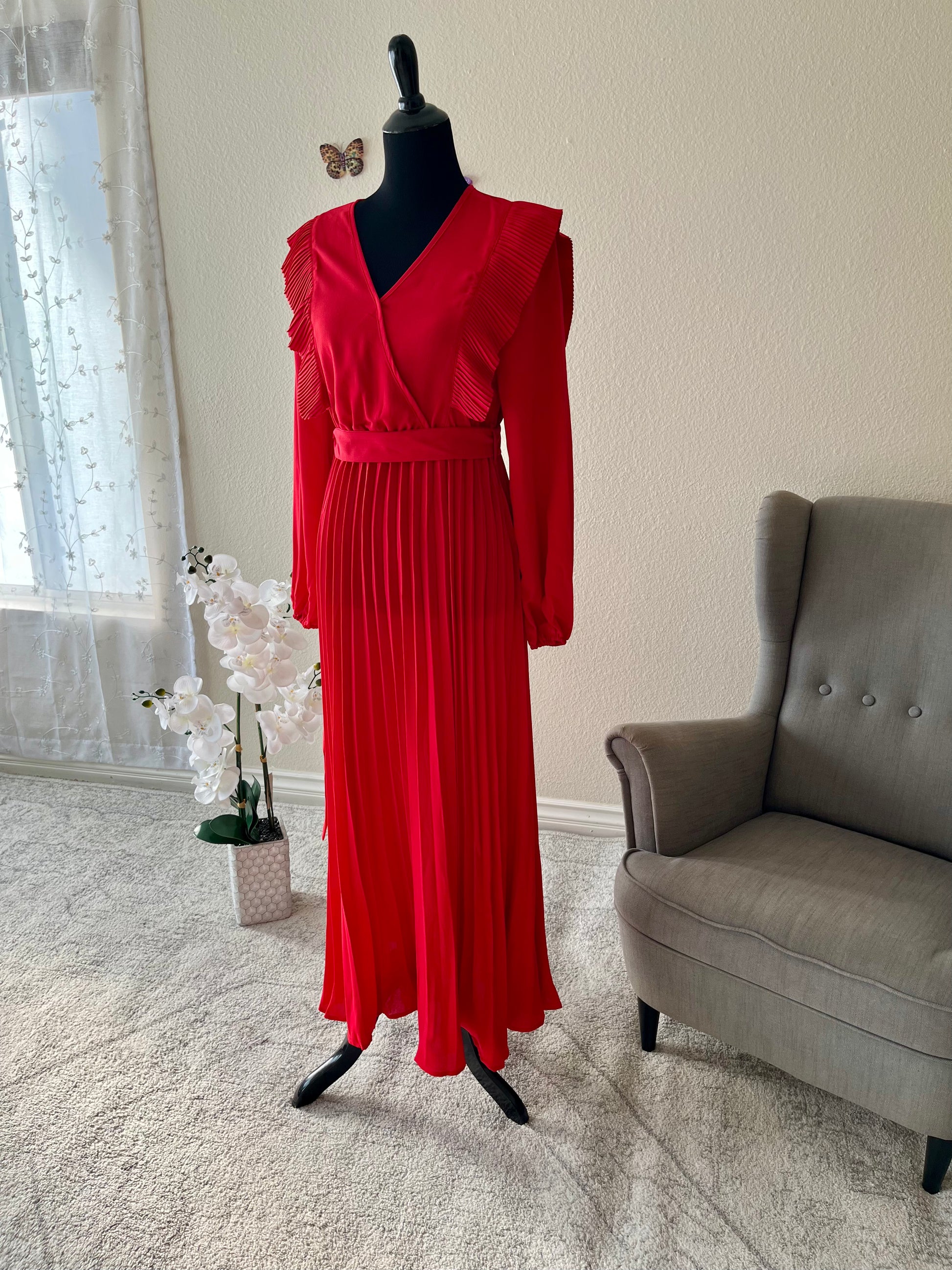 Pleated Surplice Tie Waist Maxi Dress - EmelBoutique