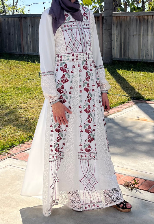 Embroidered Elegance in Blanc & Rouge