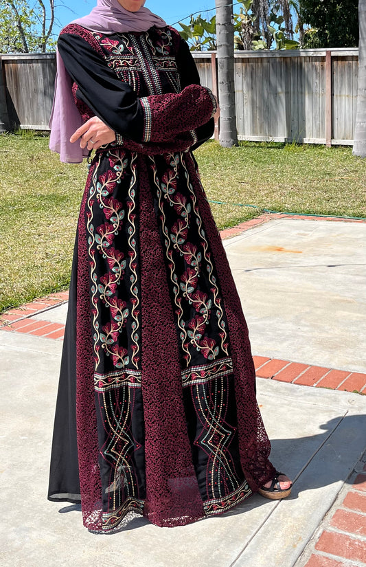 Embroidered Elegance in Noir & Rouge
