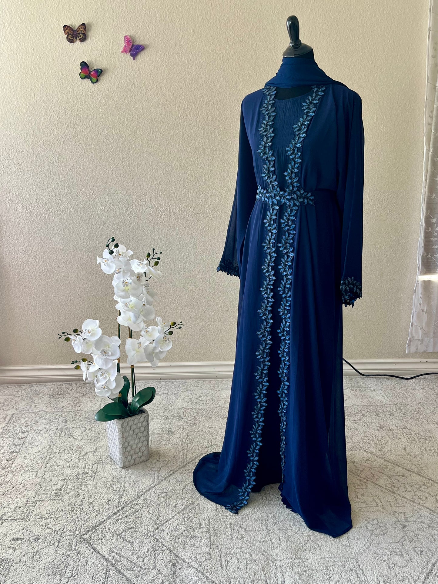 Blue floral Band Dubai Abaya