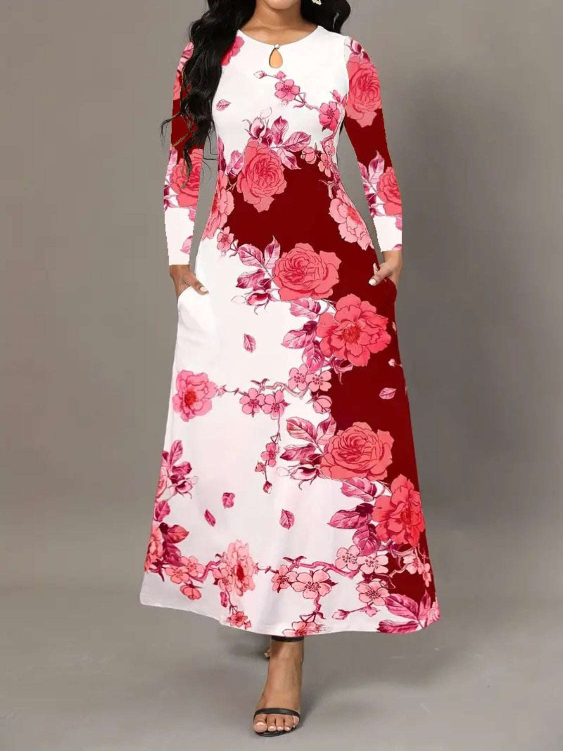 Pocketed Printed Long Sleeve Dress red