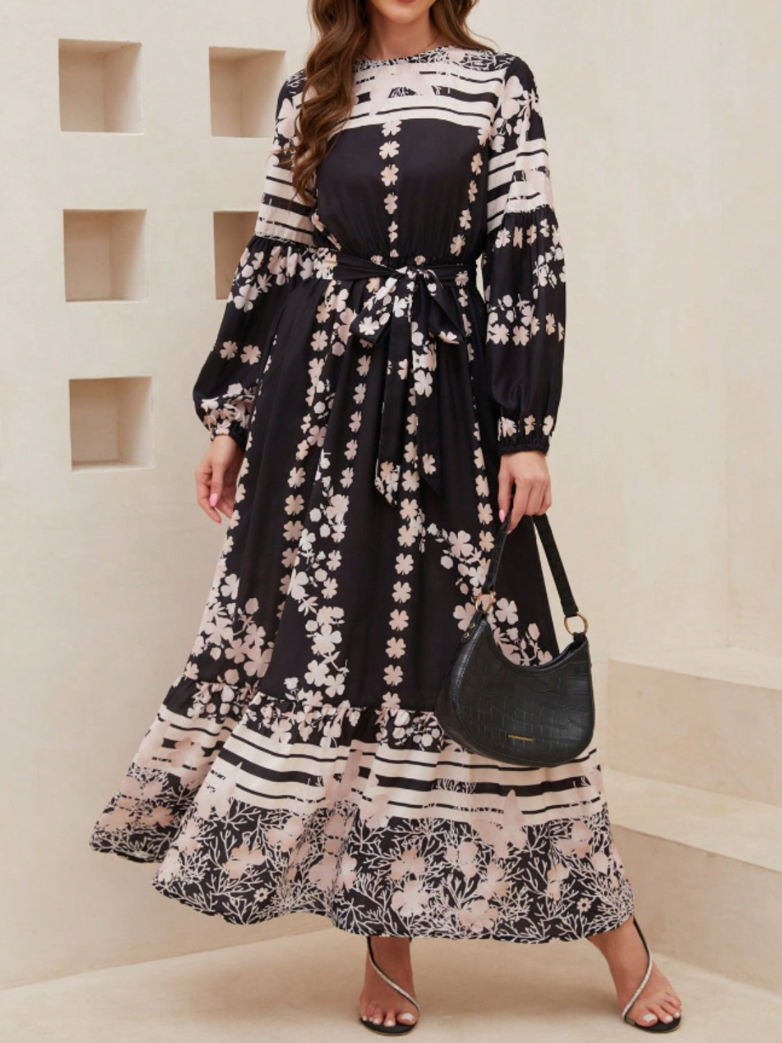 Printed Round Neck Long Sleeve Maxi Dress with Pockets front